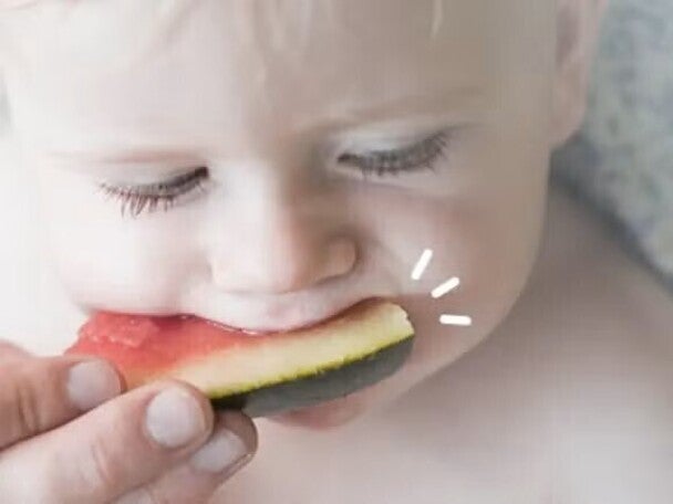 Baby eating watermelon for the first time