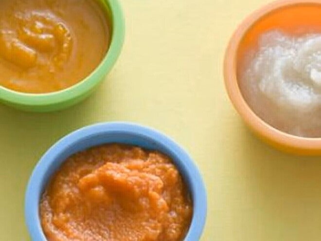 Three baby food purees from different ingredients.
